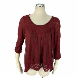 Living Doll XS Juniors 1 Crimson Red Boho Lace Blouse Hi Lo